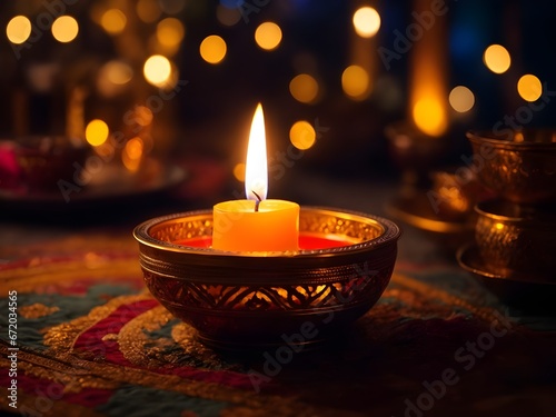 Beautiful diwali diya with burning candles on dark background