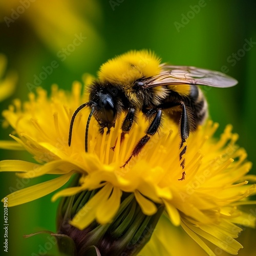 AI generated illustration of a bee on a vibrant yellow flower, its body covered in pollen