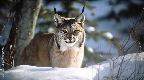 AI generated illustration of a wild lynx, perched atop a snow-covered field
