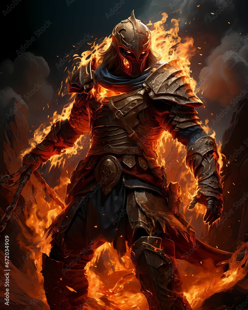 AI generated illustration of a knight holding a sword surrounded by flames - obrazy, fototapety, plakaty 