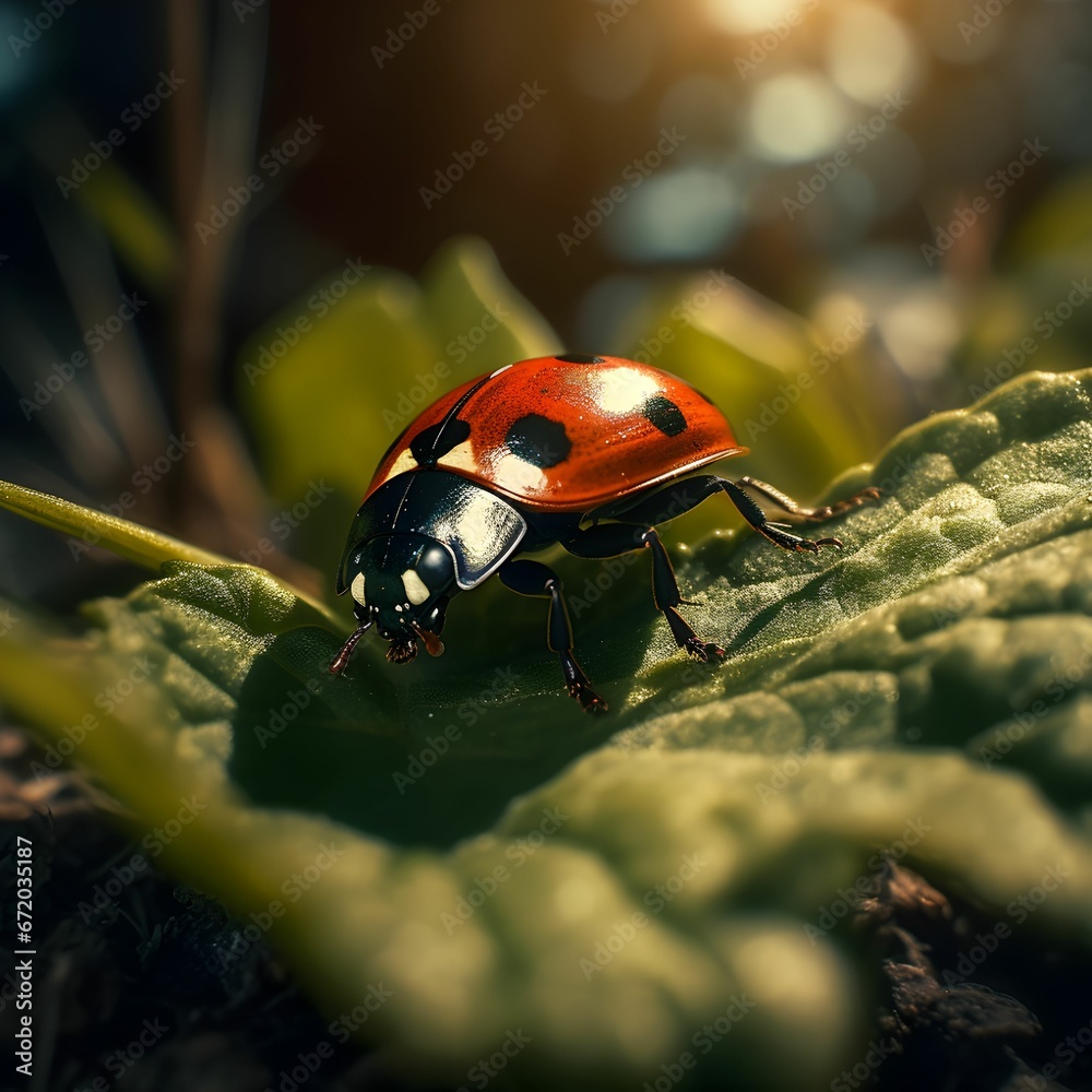 Fototapeta premium AI generated illustration of a ladybug on a lush green leaf