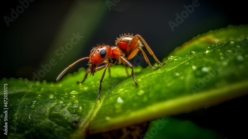 AI generated illustration of a red ant on a green leaf, with raindrops glistening on its surface © Wirestock
