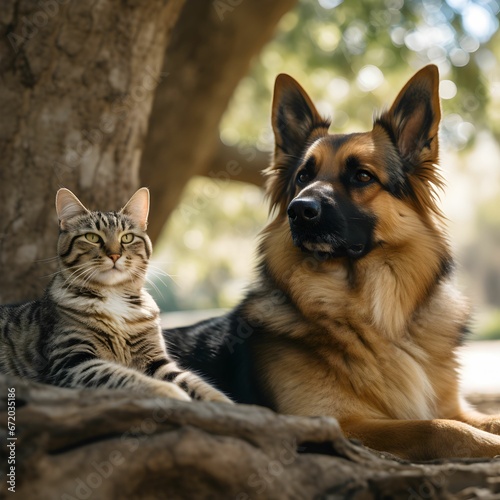 AI generated illustration of a cat and a German Shepherd dog in a garden