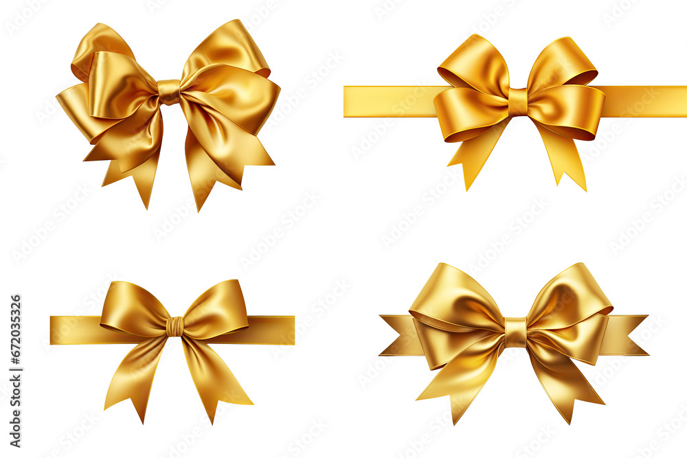 set of golden bows isolated on transparent background