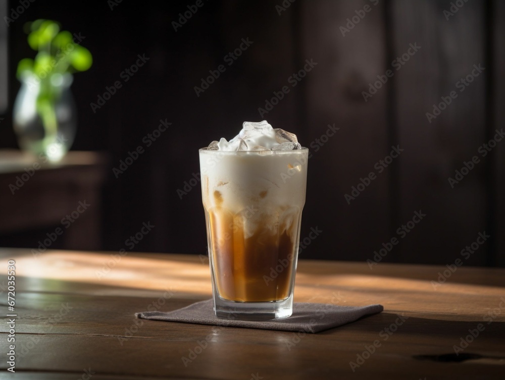 AI generated illustration of a glass of delicious iced coffee with cream on the table AI generated illustration of a glass of delicious iced coffee with cream on the table