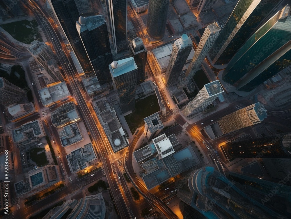 AI generated illustration of an aerial view of a megapolis with illuminated streets