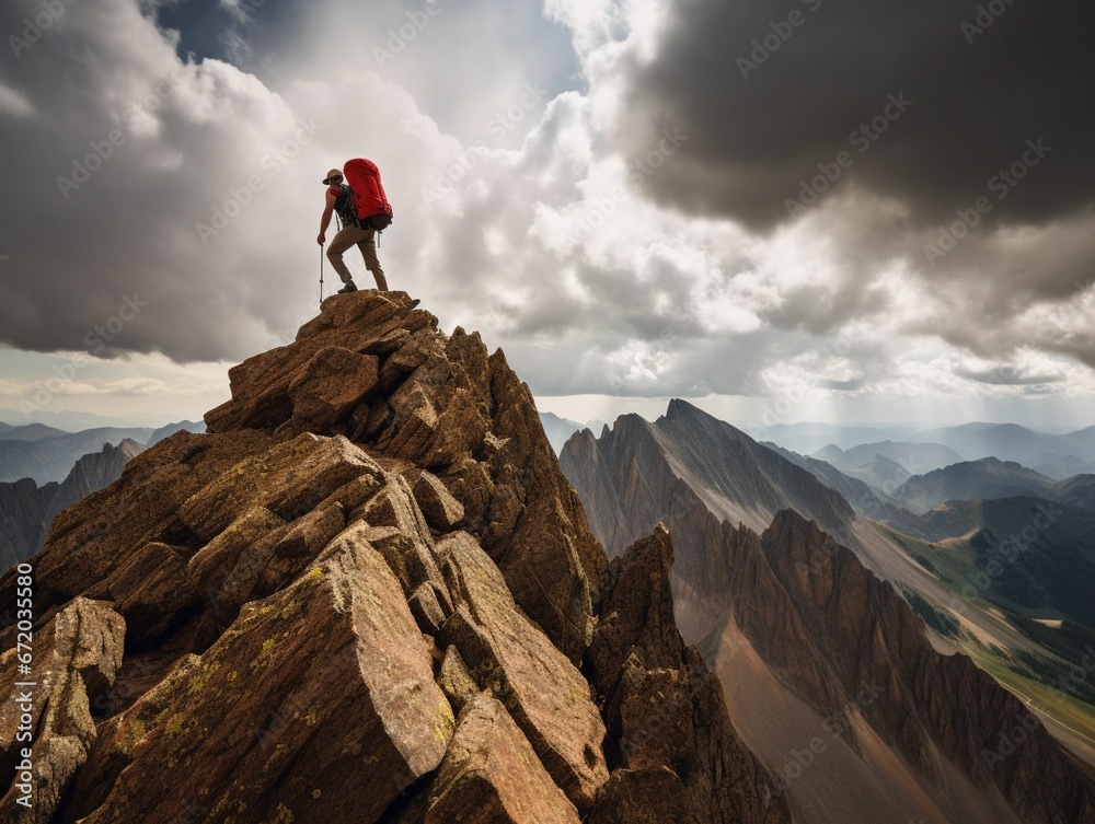 AI generated illustration of a hiker trekking rocky hills under a stormy sky