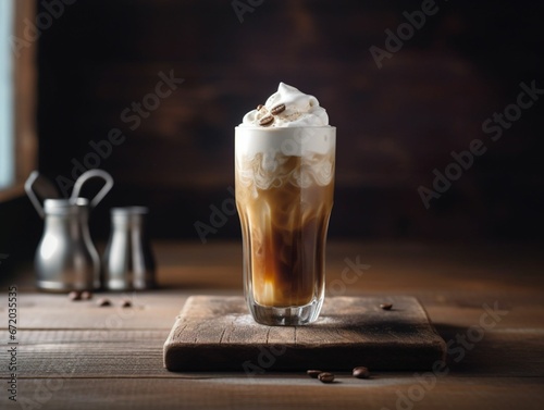 AI generated illustration of a glass of delicious iced coffee with cream on the table