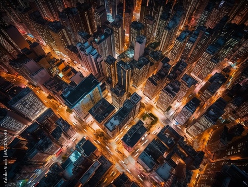 AI generated illustration of an aerial view of a megapolis with illuminated streets © Wirestock