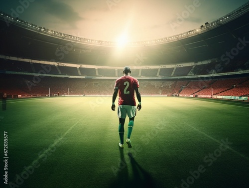 AI generated illustration of a triumphant soccer player at the illuminated stadium © Wirestock