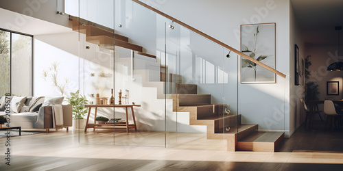 A interior design element featuring glass fencing and wooden stairs,glass fencing, wooden stairs, interior design, modern, contemporary, Modern Interior Design with Glass Railing and Timber Steps