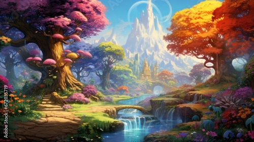 Colorful flora surrounds luminous castle with towering spires. Fantasy architecture.