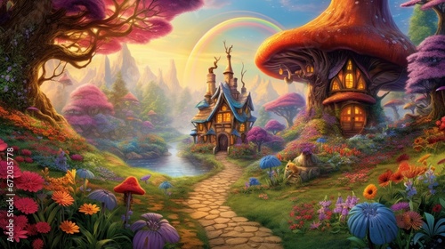 Whimsical village nestled under giant mushrooms with a vibrant rainbow. Fairy tale settings. © Postproduction