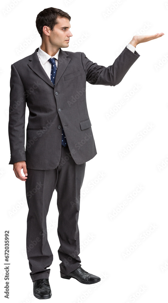 Digital png photo of caucasian businessman standing with hand up on transparent background Digital png photo of caucasian businessman standing with hand up on transparent background