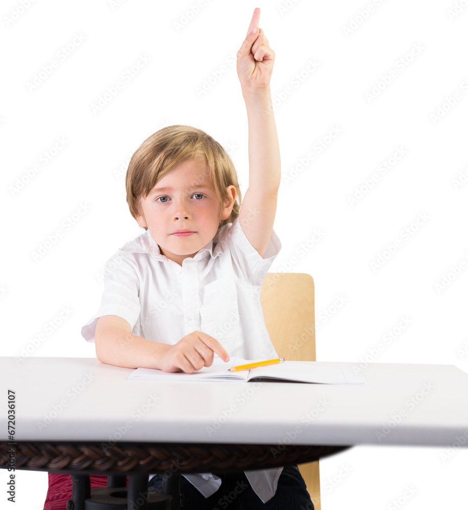 Digital png photo of caucasian schoolboy with hand up on transparent background Digital png photo of caucasian schoolboy with hand up on transparent background