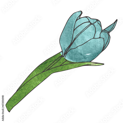 Digital png illustration of blue tulip with green leaves on transparent background