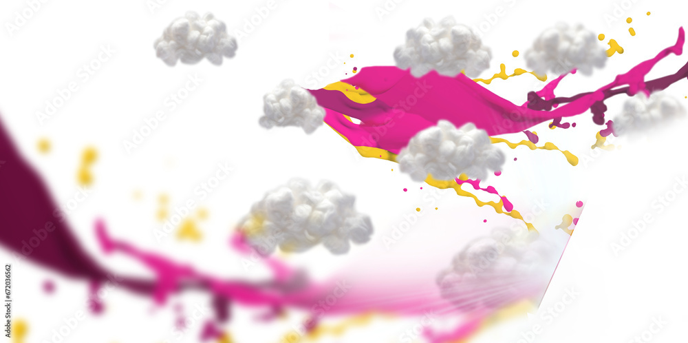 Digital png illustration of clouds with pink and yellow smudges on transparent background
