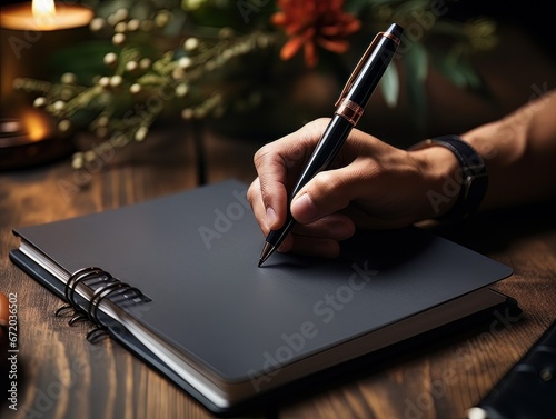 Hand holding a pen and writing in a blank notepad on a wooden table AI