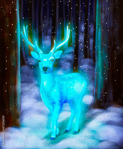 A doe walks through the snowy night forest and glows with a blue light © viktoriaz9