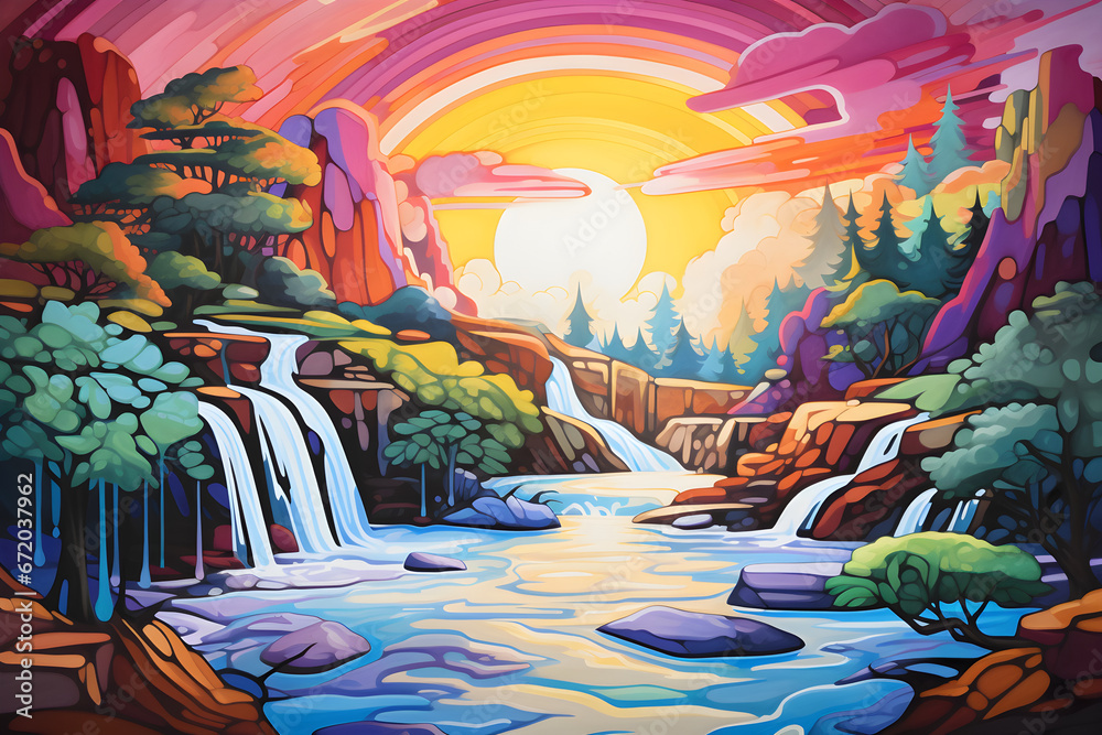 colourful cartoon style painting of the mountain waterfall landscape, a picturesque natural environment in bright colours