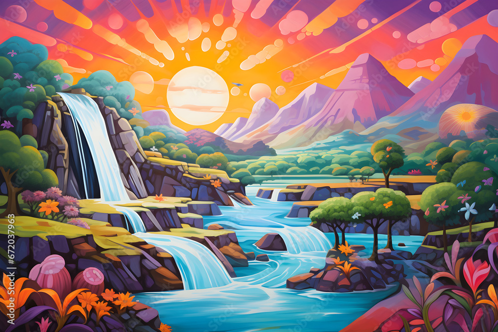 colourful cartoon style painting of the mountain waterfall landscape, a picturesque natural environment in bright colours