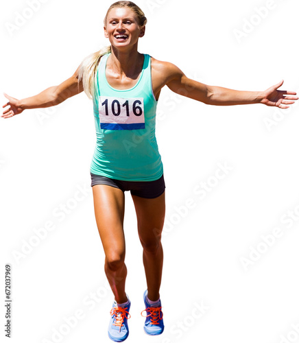 Photography Digital png photo of caucasian sportswoman with arms wide on transparent backgro