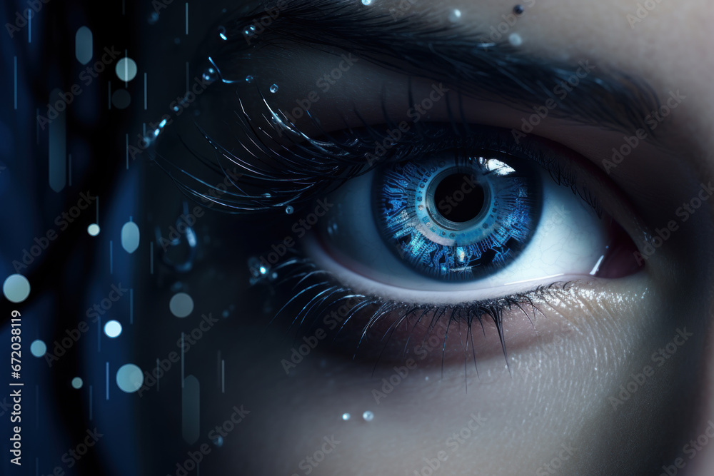 Closeup of a blue eye with futuristic digital data technologies 