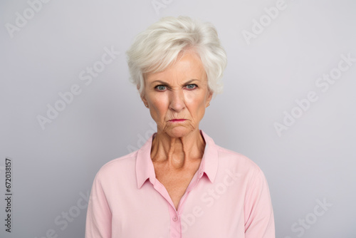 Elderly white woman with a stern and annoyed facial expression photo