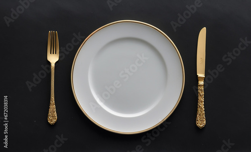Gold knives and forks on a black background, empty white plate. Beautiful gold cutlery. View from above. 