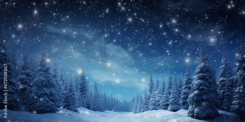 Snowy Winter landscape with frozen Christmas trees in the forest under the beautiful night sky with stars