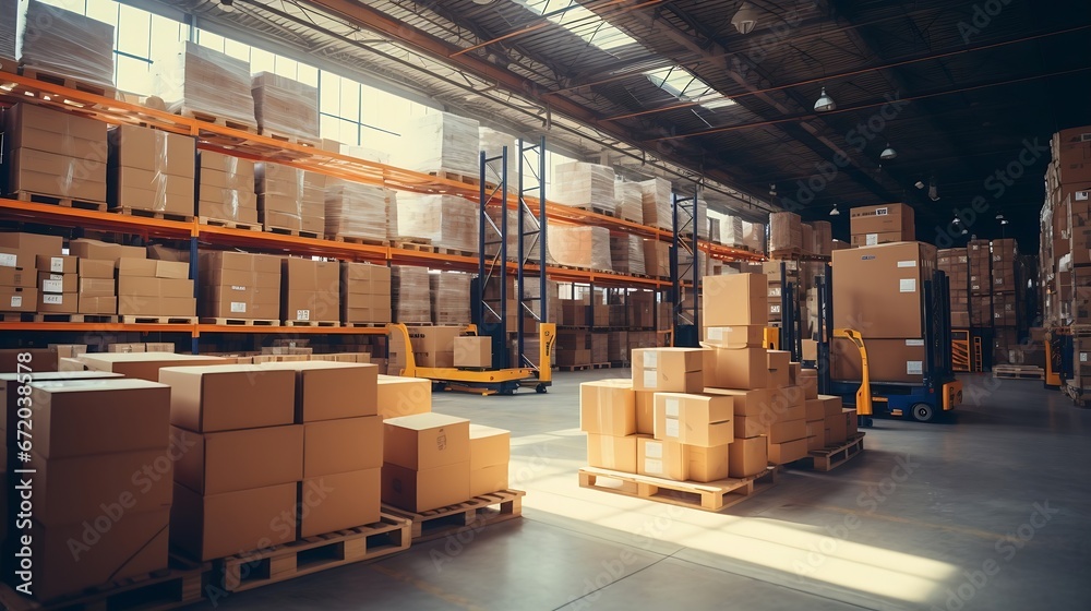 Retail Warehouse full of Shelves with Goods in Cardboard Boxes, Workers Scan and Sort Packages, Move Inventory with Pallet Trucks and Forklifts. Product Distribution Delivery Center. : Generative AI Retail Warehouse full of Shelves with Goods in Cardboard Boxes, Workers Scan and Sort Packages, Move Inventory with Pallet Trucks and Forklifts. Product Distribution Delivery Center. : Generative AI