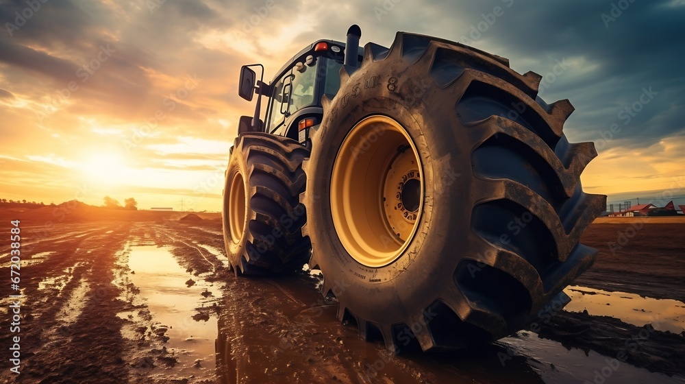 Big rubber wheels of soil grade tractor car earthmoving at road construction side. Close-up of a dirty loader wheel with a large tread with sky sunset : Generative AI - obrazy, fototapety, plakaty 