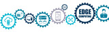 Edge computing technology banner vector illustration with the icons of network performance, computation, data storage, user, cloud, internet service, IOT, gimlets, Ai recognition on white background.