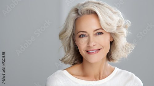Portrait of beautiful middle aged woman smiling at camera, isolated on grey