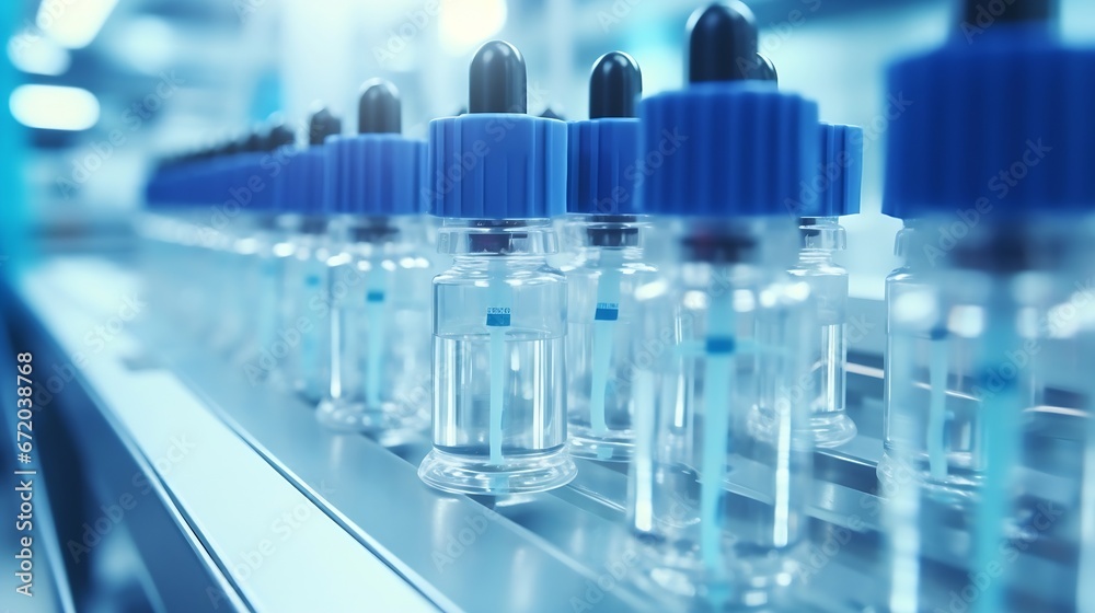 Close-up of Medical Ampoule Production Line at Modern Pharmaceutical Factory. Medication Manufacturing Process. : Generative AI Close-up of Medical Ampoule Production Line at Modern Pharmaceutical Factory. Medication Manufacturing Process. : Generative AI