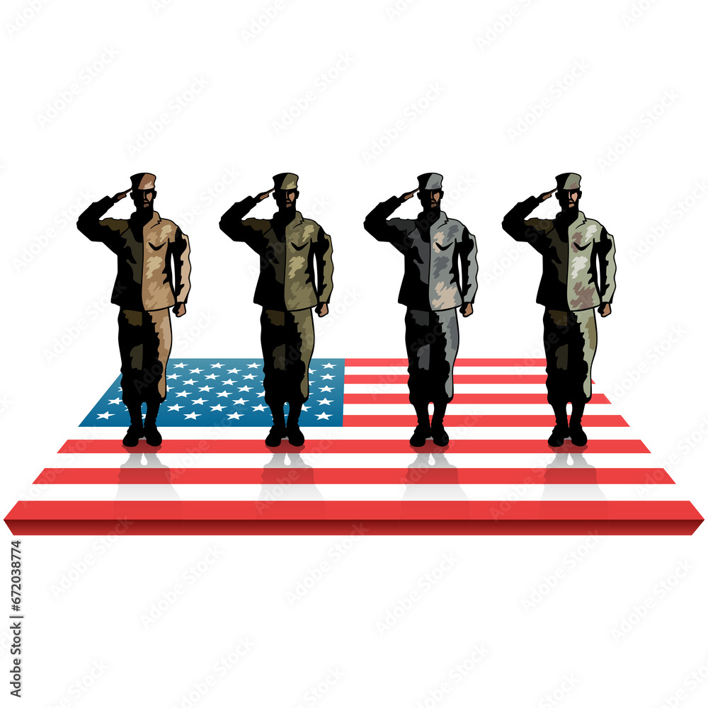 Fototapeta premium Digital png illustration of flag of usa with soldiers figures on transparent background