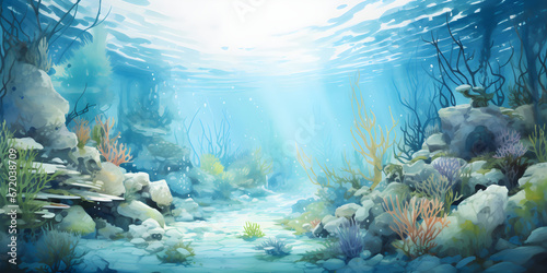 watercolour painting of the underwater ocean reef landscape, a picturesque natural environment in soft harmonious colours photo
