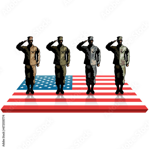 Digital png illustration of flag of usa with soldiers figures on transparent background