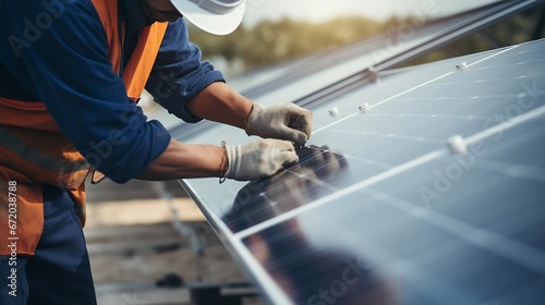 Close-up of solar cell, installing solar cell farm power plant eco technology. Solar cell panels in a photovoltaic power plant. Concept work of sustainable resources hands worker insta : Generative AI
