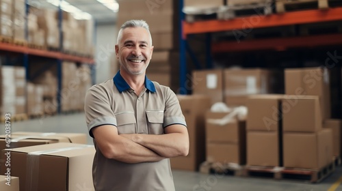 Mature man smiling at the camera while packing cardboard boxes in a distribution warehouse. Happy logistics worker preparing goods for shipment in a large fulfillment centre. : Generative AI