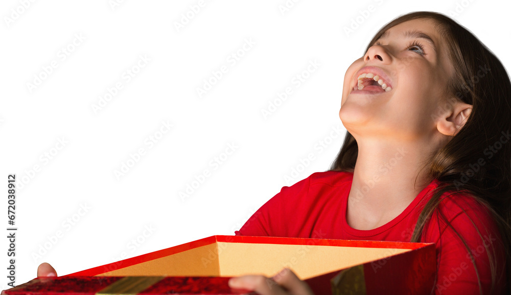Digital png photo of caucasian girl opening christmas present on transparent background Digital png photo of caucasian girl opening christmas present on transparent background