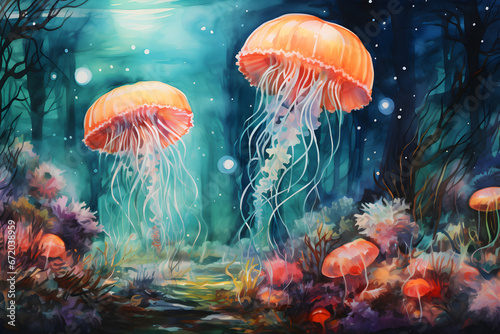 watercolour painting of jellyfish underwater in ocean landscape, a picturesque natural environment in soft harmonious colours