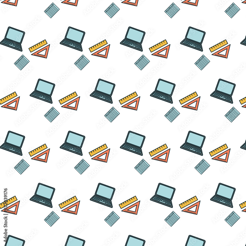 Digital png illustration of laptop and supplies pattern on transparent background