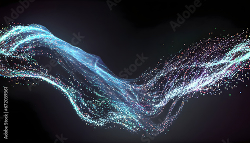 abstract flowing fluid light particles green blue on black background with copy space for text in concept technology, science, space, universe.