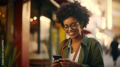 Curly-Haired Black Woman Smiling and Using Smartphone in City