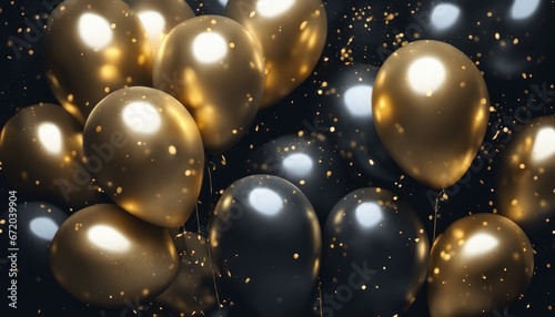 Festive scene of gold and black balloons with gold confetti on a black background. he balloons are of different sizes and shapes, and they reflect the light as they float in the air.