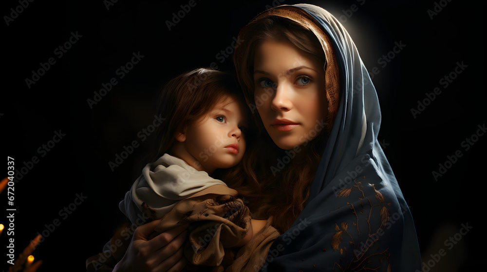 Holy Mary holding baby Jesus Christ in her arms. Graphic representation - obrazy, fototapety, plakaty 