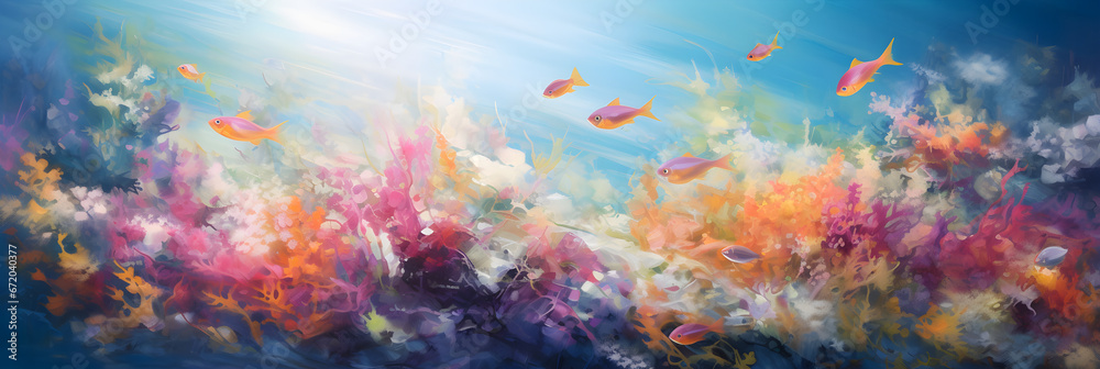 colourful impressionist painting of the underwater ocean reef landscape, a picturesque natural environment in bright colours - obrazy, fototapety, plakaty 