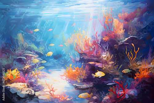 colourful impressionist painting of the underwater ocean reef landscape, a picturesque natural environment in bright colours © sam