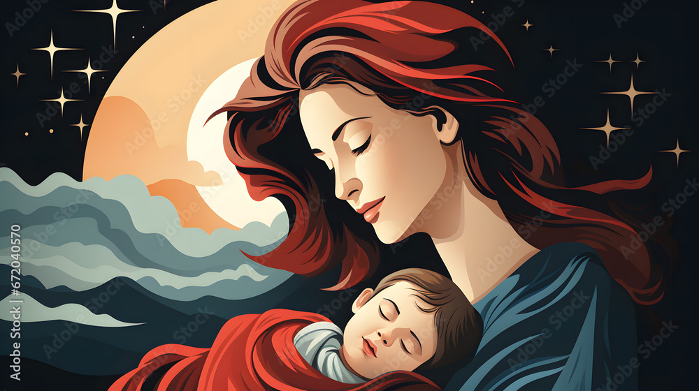 Holy Mary holding baby Jesus Christ in her arms. Graphic representation Holy Mary holding baby Jesus Christ in her arms. Graphic representation